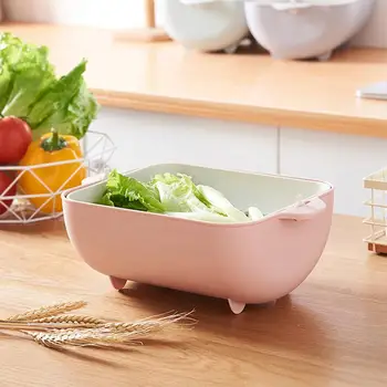 

Double Drain Basket Large Kitchen Storage Basket Multifunctional Plastic Basket Rectangular Fruit Vegetable Turnover Box