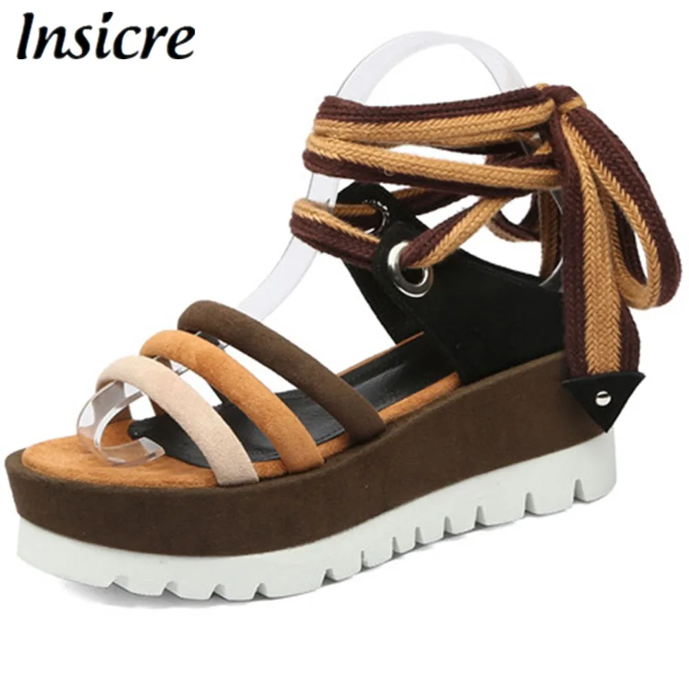 

Insicre Women Sandals Kid Suede Wedge Heels 6.5 cm 2020 Summer Mixed Colors Platform Female Casual Shoes High Heels Brown