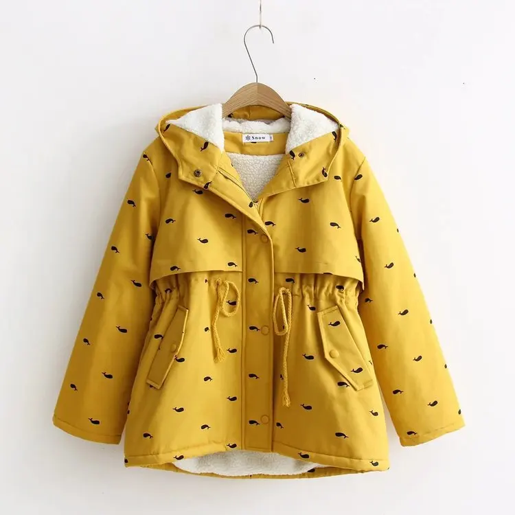 

2018 Autumn & Winter New Style Korean-style Waist Hugging GIRL'S Students Hooded Thick Whale Printed Berber Fleece Cotton Coat