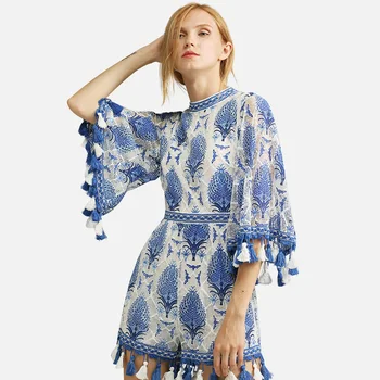 

2020 Summer Boho Vintage Backless Sexy Embroidery Playsuit 3/4 Sleeve Tassel O Neck Jumpsuit Beach Casual Romper Women Playsuits