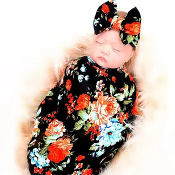 

Newborn Receiving Blanket Headband Set Flower Print Baby Swaddle Receiving Blankets black