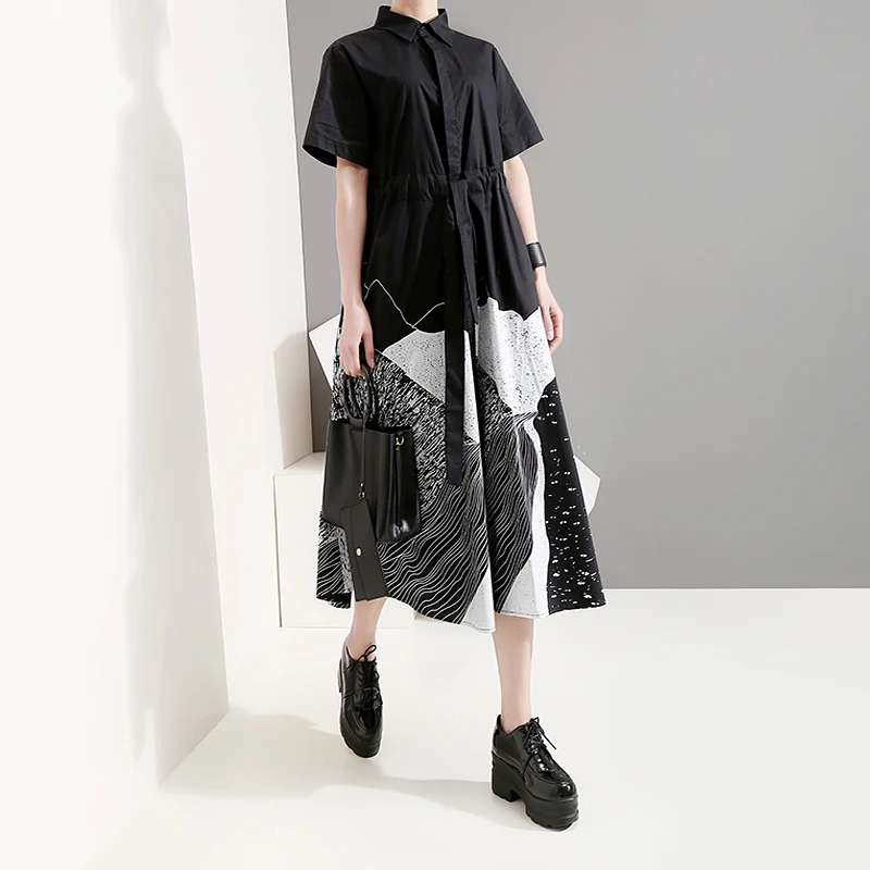 Новинка корейский стиль женское летнее Черное длинное платье рубашка с рисунком