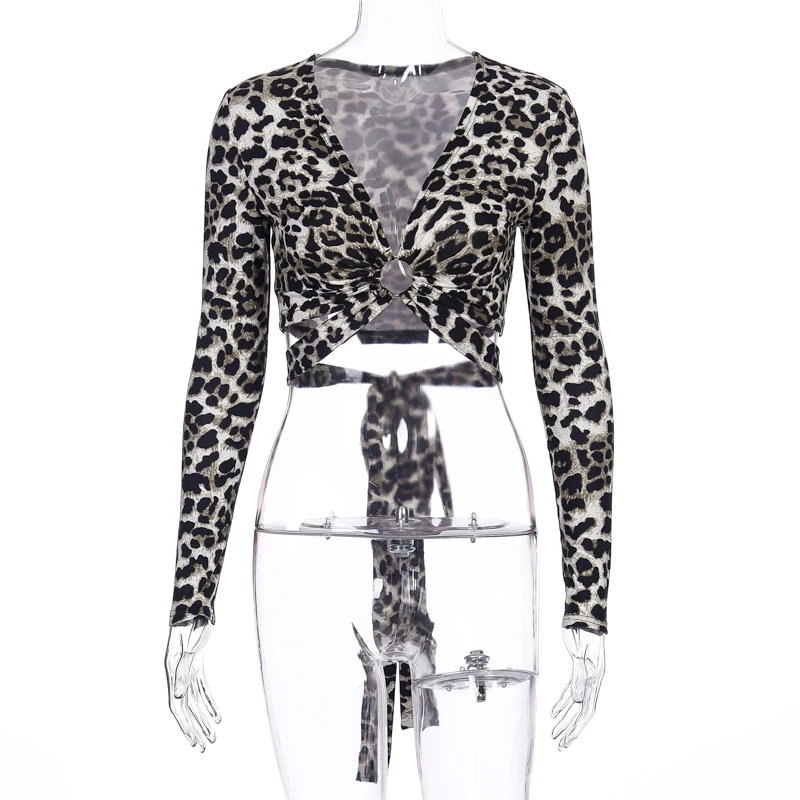 Hugcitar Леопардовый принт с длинным рукавом лонгслив с v-образным вырезом Бандажное сексуальные короткие топы волчки Осень Зима Женское уличная одежда Клубные наряды футболки
