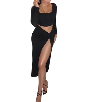 

2Pcs Women Sexy Long Sleeve Crop Tops Split Gypsy Hippie Skirts Clubwear Ladies Clothes Set 4 Colors