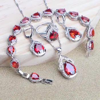 

Drop Red Bridal Zirconia Silver 925 Jewelry Sets Bridal Earrings Rings Wedding For Women Charms Bracelet Pendant Necklace Set