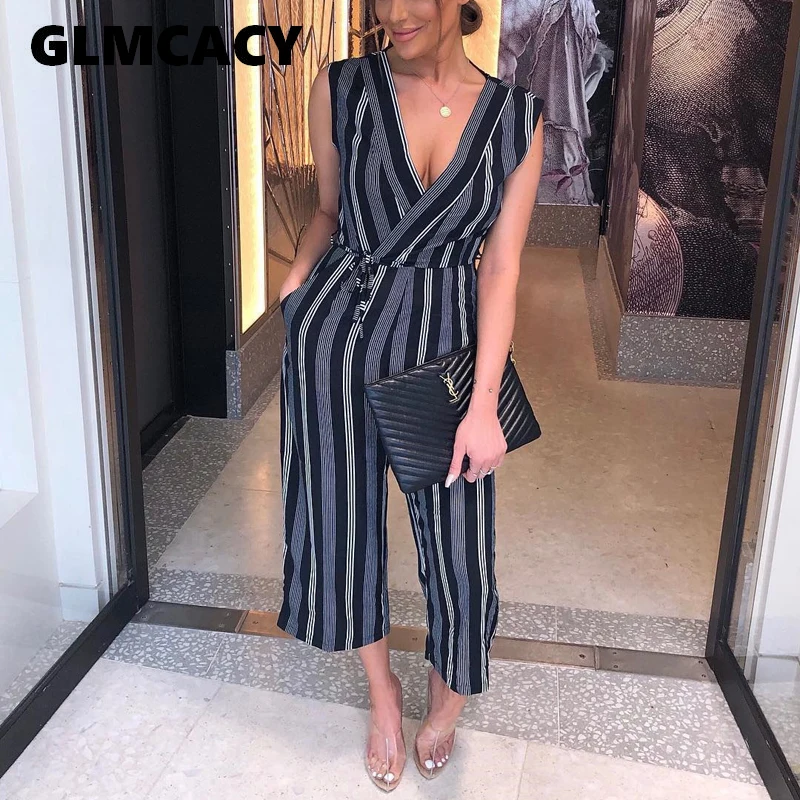 

Women Sexy Striped Summer Jumpsuit Sleeveless High Waist Ladies Clubwear Deep V Neck Playsuit Bodycon Party Jumpsuits