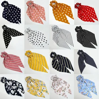 

2019 New Stripe Floral Ponytail Hair Holder Polka Dot Bow Streamers Scrunchie Bow Ribbon Hair Accessories Hair Bows Wholesale