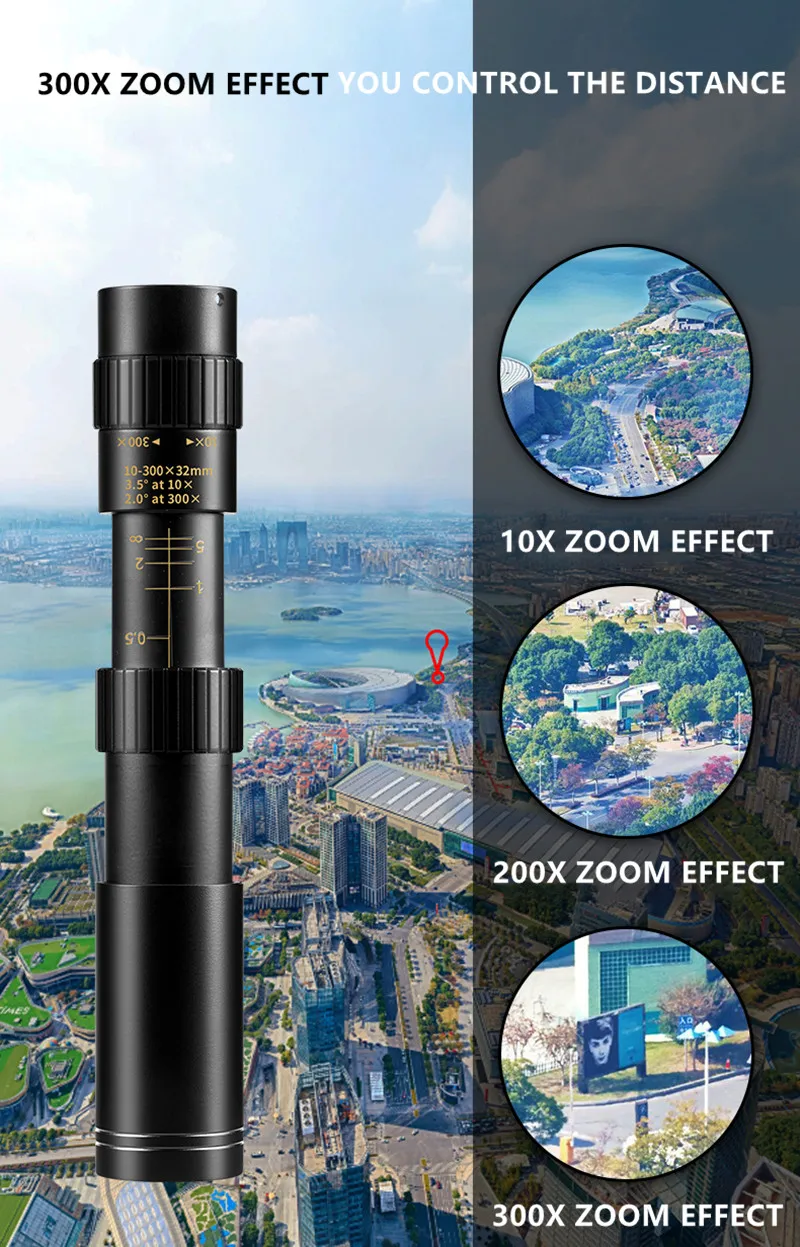 4K 10-300x40 Monocular Telescope Compact Retractable HD Zoom Monocular Binoculars Light Night Vision Scope Camping