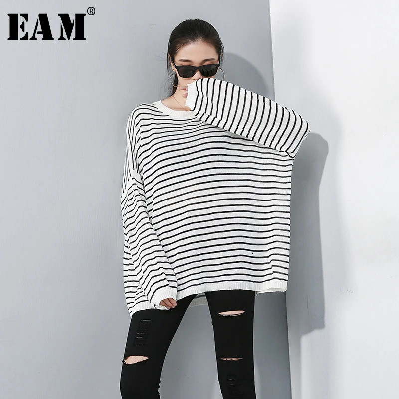 

[EAM] Striped Mixed Color Oversize Knitting Sweater Loose Fit Round Neck Long Sleeve Women New Fashion Autumn Winter 2019 1D070