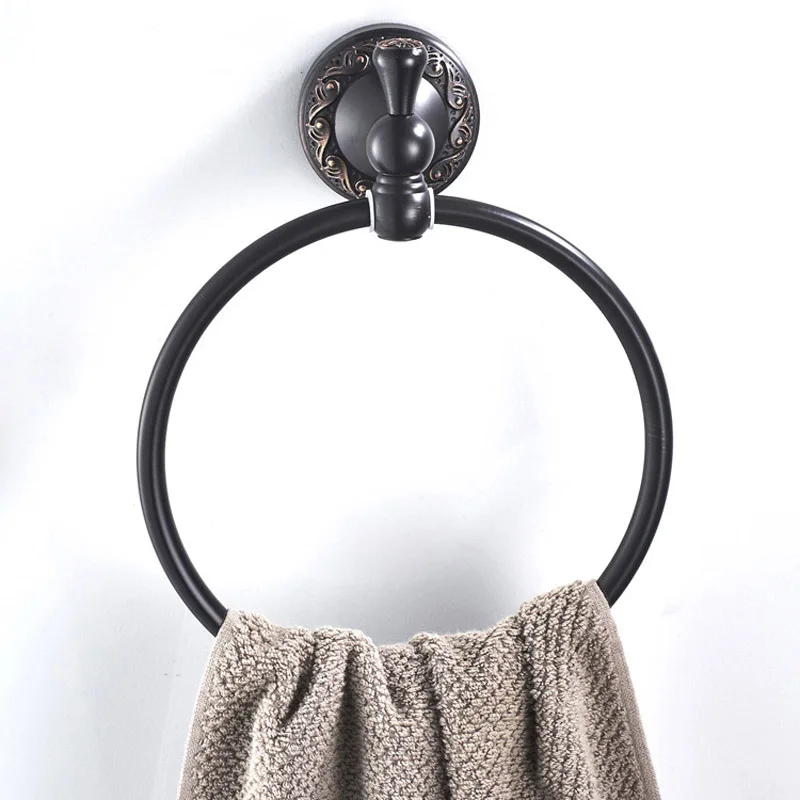 Bathroom Towel Ring Bathroom Towel Holder Anit-Rust Bathroom Towel holder Solid Copper Wall-Mounted Round BLACK Towel Ring Classic Rack with Flower Carved