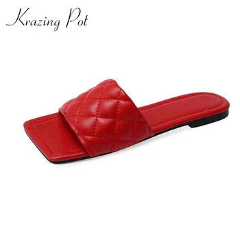 

Krazing pot leisure large size gingham three colors design square toe low heel daily wear outside slipper summer shoes women L13