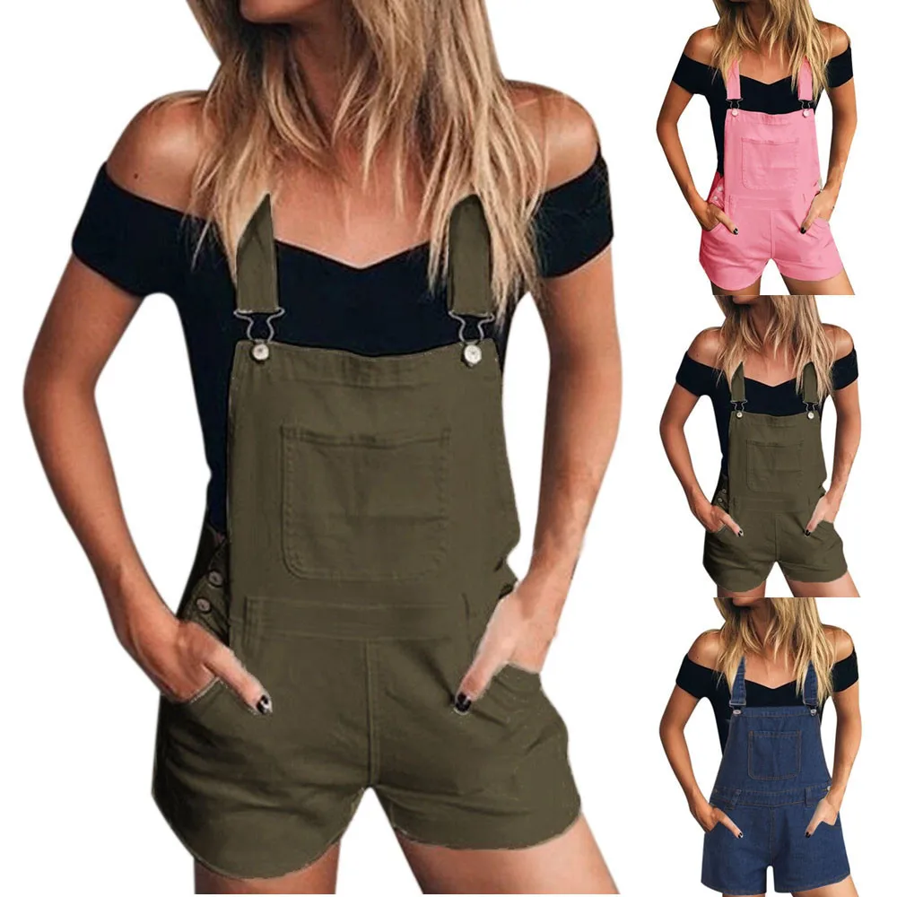 

Denim Sleeveless Shorts Jumpsuits Spring Summer Casual Solid Bib Wide Leg Rompers Pants Ripped Hole Button Jean Overalls S-XL