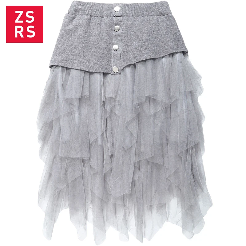 Zsrs модная новая юбка женские Асимметричные тюлевые юбки с высокой талией лоскутные плиссированные средней удлиненная юбка вечерние юбки для женщин