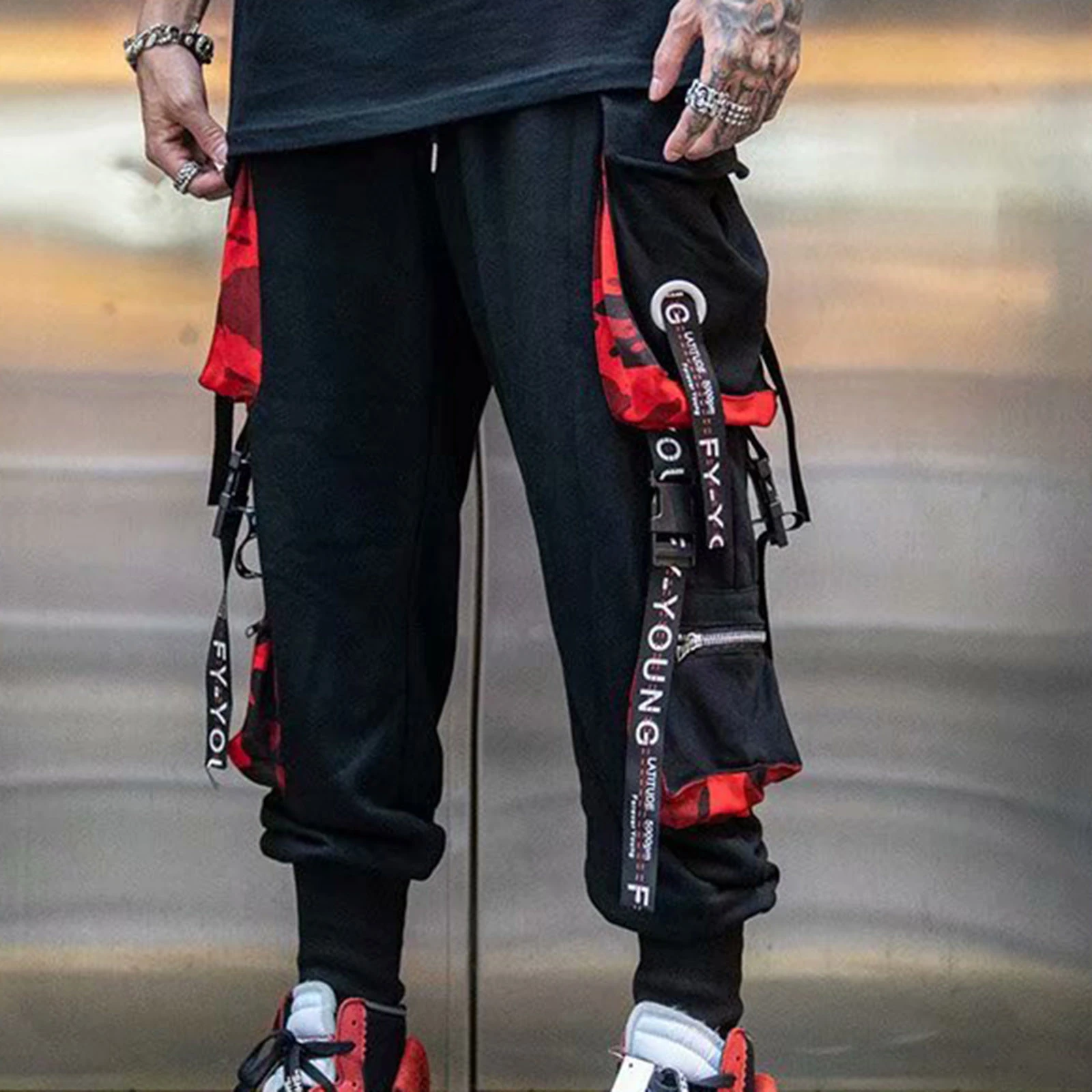 cargo pants streetwear Streetwear Joggers Hip Hop Trousers Letter Ribbons Black Harem Pants Male Techwear Clothes Fashions Korean Kpop Men Clothing combat trousers