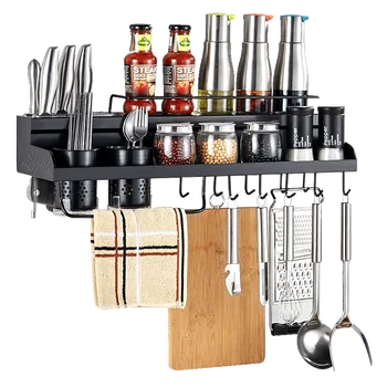 

Double-layer Black Stainless Steel Perforation-free Kitchen Shelf Wall Hanging Knife Rack Condiment Rack Receives Hook Rack Supp