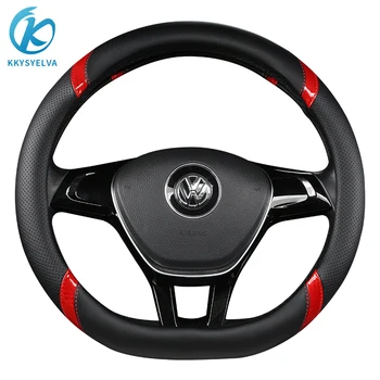 

KKYSYELVA D O Shape Steering-Wheel Black Auto Car Steering Wheel Cover Leather +Carbon Fibe38CM wheel cover Interior accessories