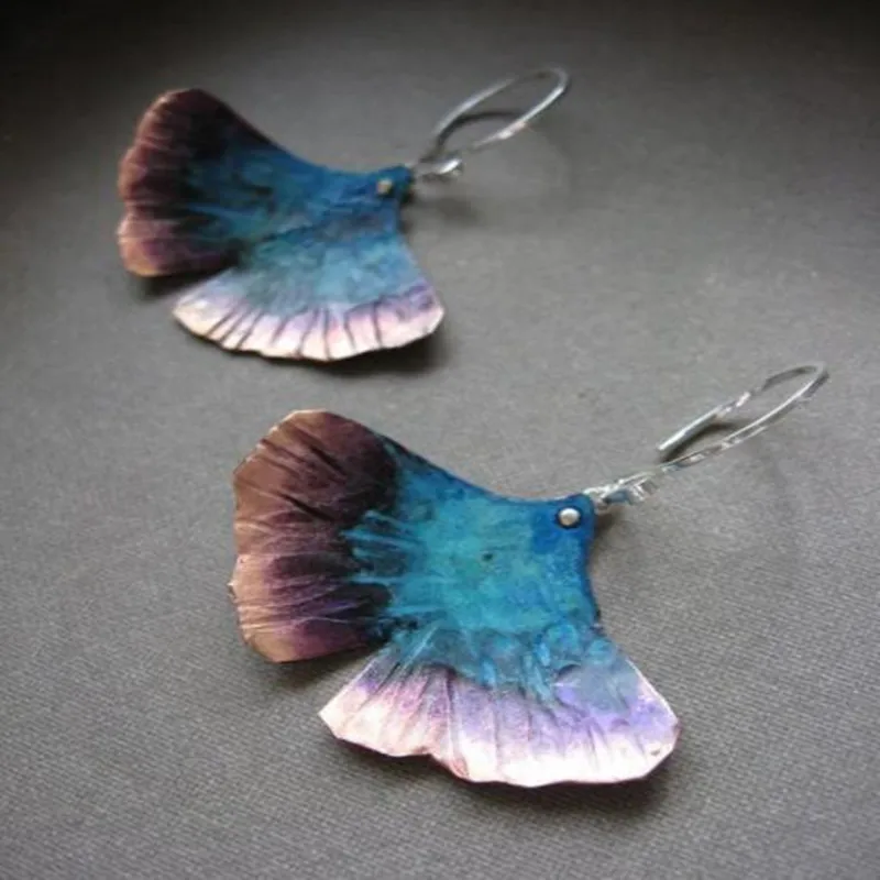 

Fashion Boho Blue Color Purple Color Gradient Mixed Color With Ginkgo Leaf Shape Earrings for Women Girls Silver Color Earrings