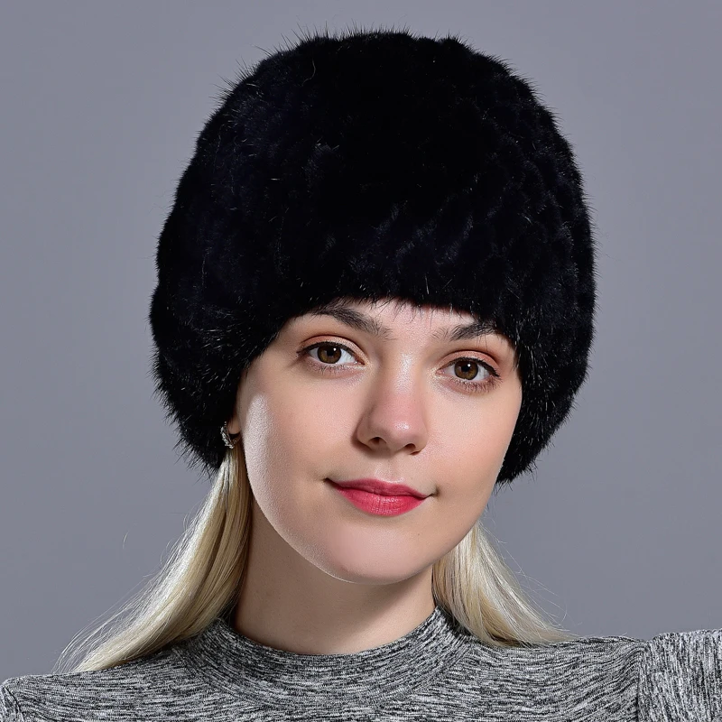 Ceny Zimowe damskie futro z norek czapki naturalne prawdziwe futro z dzianiny czapka modne puszyste panie prawdziwe futro czapka kobiet czarny futro czapki