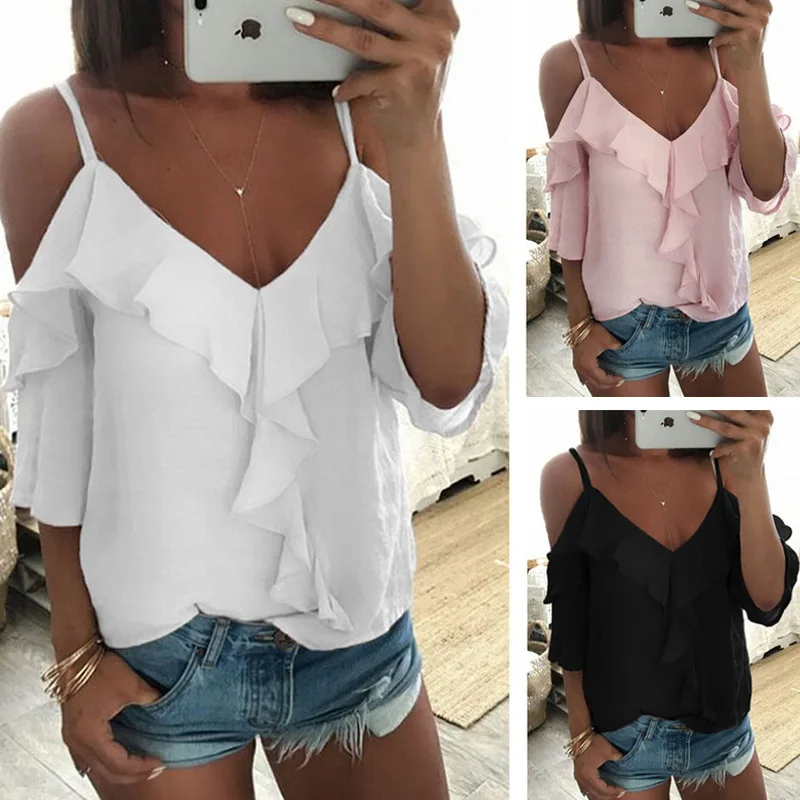 

Off Shoulder Top Blouse Women Half Sleeve Spaghetti Strap Ruffle Womens Tops And Blouses Summer 2019 White Shirt Blusa