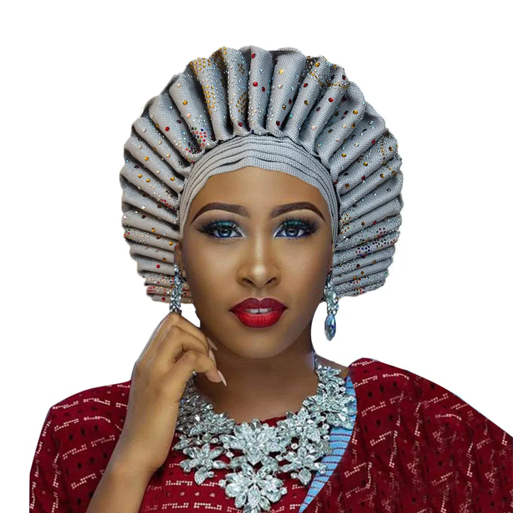 Африканский головной убор aso ebi gele для женщин aso oke головной убор gele с камнем во многих цветах - Цвет: silver grey