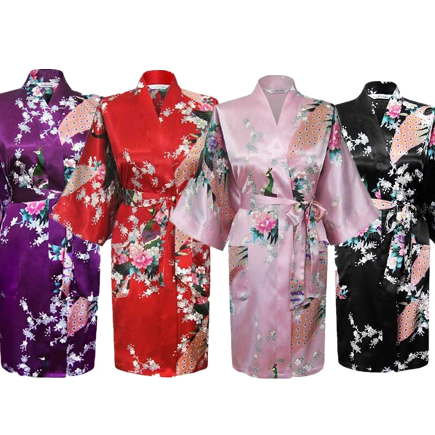 Кимоно платье японский стиль павлин цветочный принт Атлас Свободные традиционные пижамы хаори азиатской одежды пижамы купальный Халат