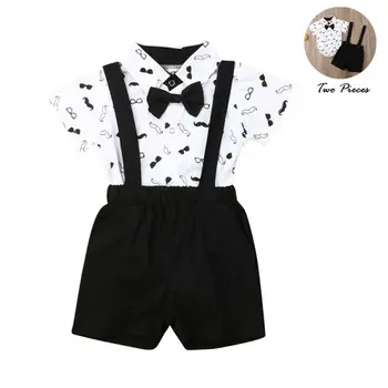 

0-24M Baby Boy Wedding Christening Formal Party Bow Tie Suit Gentlemen Baby Boy Newborn Bowtie Romper Strap Pants Shorts Outfit