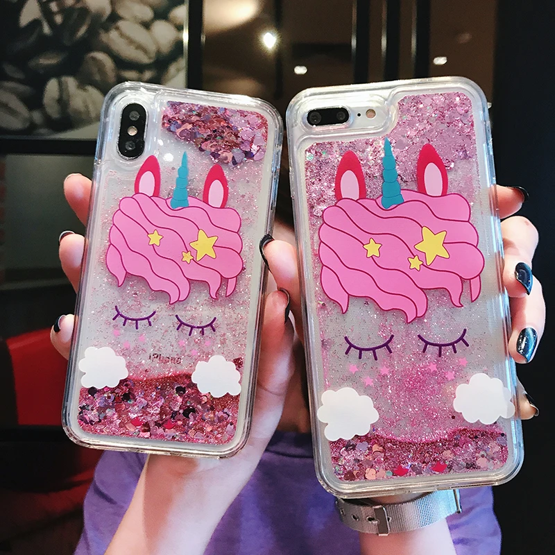 Fashion Pink Unicorn Pattern Liquid Quicksand Soft TPU Back Cover Phone Case For iPhone 6 6S 7 8 Plus X XS XR Xsmax Coque |