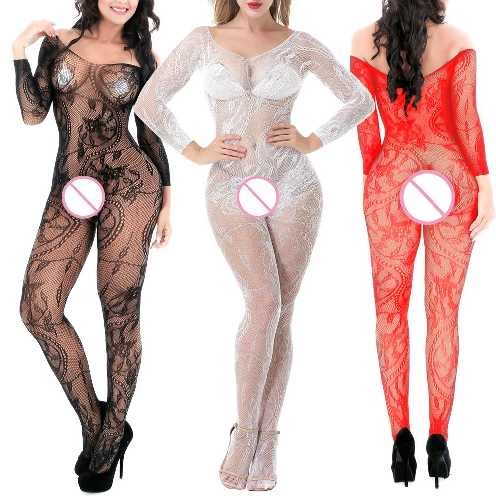 IKOKY Hollow Long Sleeve Open Underwear Sexy Lingerie Catsuit One-piece Pantyhose Sexy Costumes Exotic Apparel
