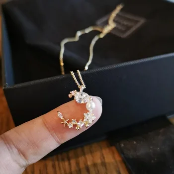 

14k Real Gold Delicacy Five-pointed Star Moon Zircon Necklace INS Simple Pendant Ornament