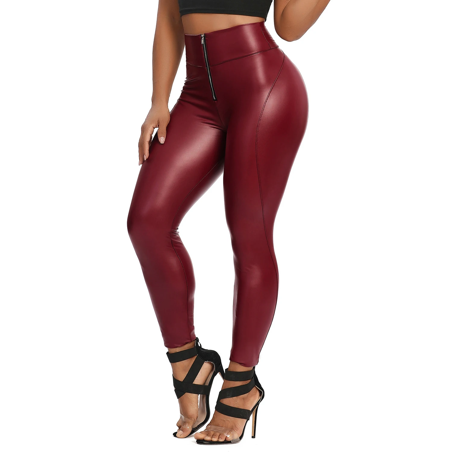 Leggings Yoga Pants Sports Leggings Sports Pants Women's High Waist Zipper PU Leather Faux Thin Sexy Curvy Elastic Tummy Control Ruched Fitness