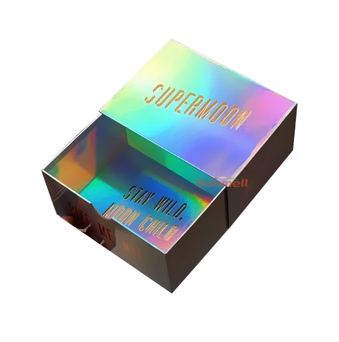 luxury glitter Iridescent sliding drawer cardboard box for cosmetic or chocolate shiny holographic box