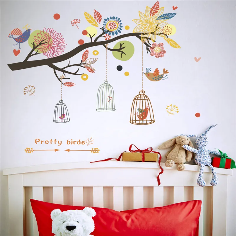 

Bird Cage Flowers Branch Wall Sticker For Bedroom Living Room Decoration Natural Pastoral Mural Art Diy Scenery Home Decals