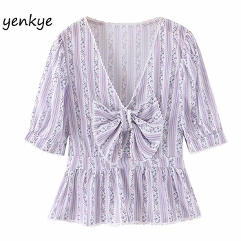 

Sweet Lace Trim Floral Print Crop Top Women Front Romantic Bow Sexy V Neck Short Sleeve Summer Chiffon Tops blusas YF7444