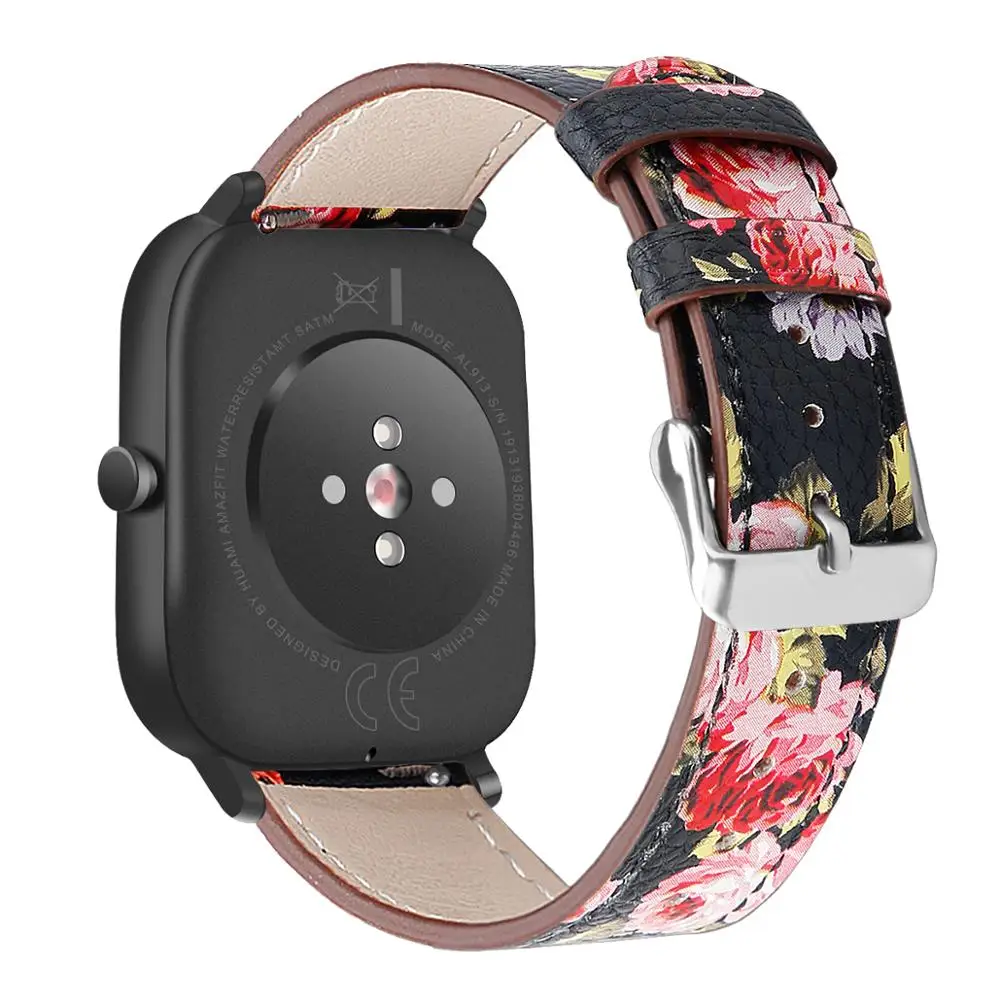 black pink flower 20 мм кожаный ремешок с принтом для Xiaomi Huami Amazfit GTS модный мужской женский ремешок для Garmin Move/vivomove HR Браслет для часов - Цвет: black pink flower