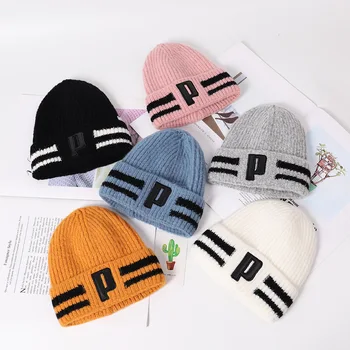 

Baby hats Letter P children's knit hat autumn and winter stripes 1-4 years old baby wool hat Korean children's head cap beanies
