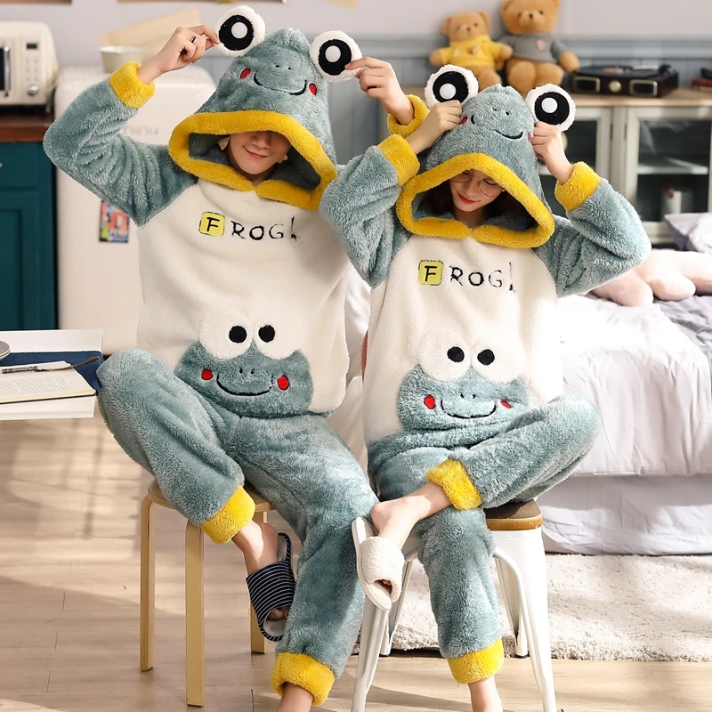 Unisex Adult Couple Pajamas Men Winter Velvet Sleepwear 2 Pieces Warm Flannel Pajamas Suit Set Animal Cartoon Cute Home Clothes mens sleep wear Pajama Sets