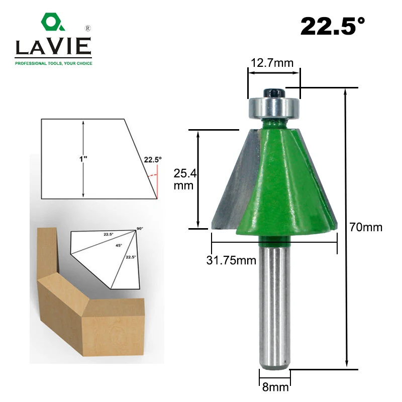 22.5 Degree LAVIE 1 шт. 8 мм хвостовик Фаска фрезы 22,5 Градусов Конические кромки фрезы для дерева Woodorking станки MC02110-22.5 - Длина режущей кромки: 22.5 Degree