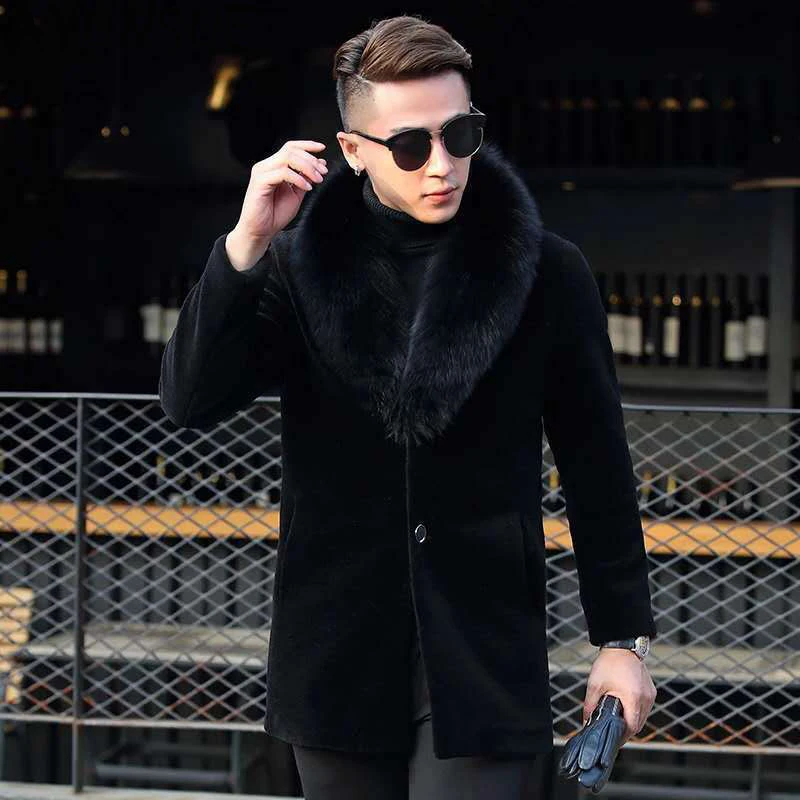 

AYUNSUE 2020 Real Fur Coat Men Winter Sheep Shearing Wool Fur Jacket Korean Fox Fur Collar High Quality Fur Coats 801 KJ3714