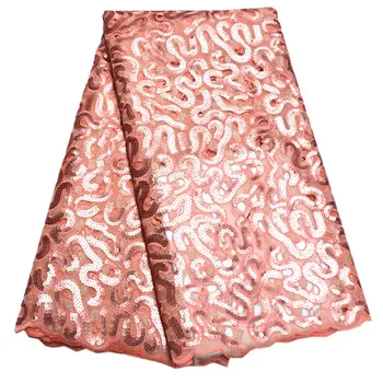 

Most popular Peach color Handcut organza lace African sewing fabric with allover sequins shine and high quality 5 yards Ki171