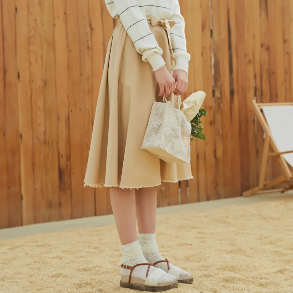 Metersbonwe High-Waisted Skirt Women's Autumn Winter New Arrival Sashes High-Waisted Milk Apricot A-Line Skirt Full Skirt
