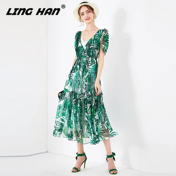

LINGHAN Elegant jungle Print Chiffon dress Women's Sexy V-Neck Vacation Big swing Midi dresses Designer Spring Summer New