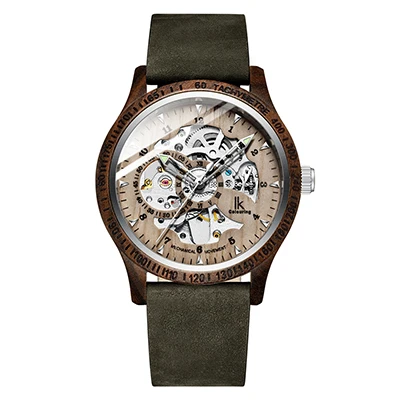 IK coloring Лидирующий бренд Мужские часы модные повседневные деревянные часы Crazy Horse кожаный ремешок деревянные часы Скелет механические часы - Цвет: Green-C-R