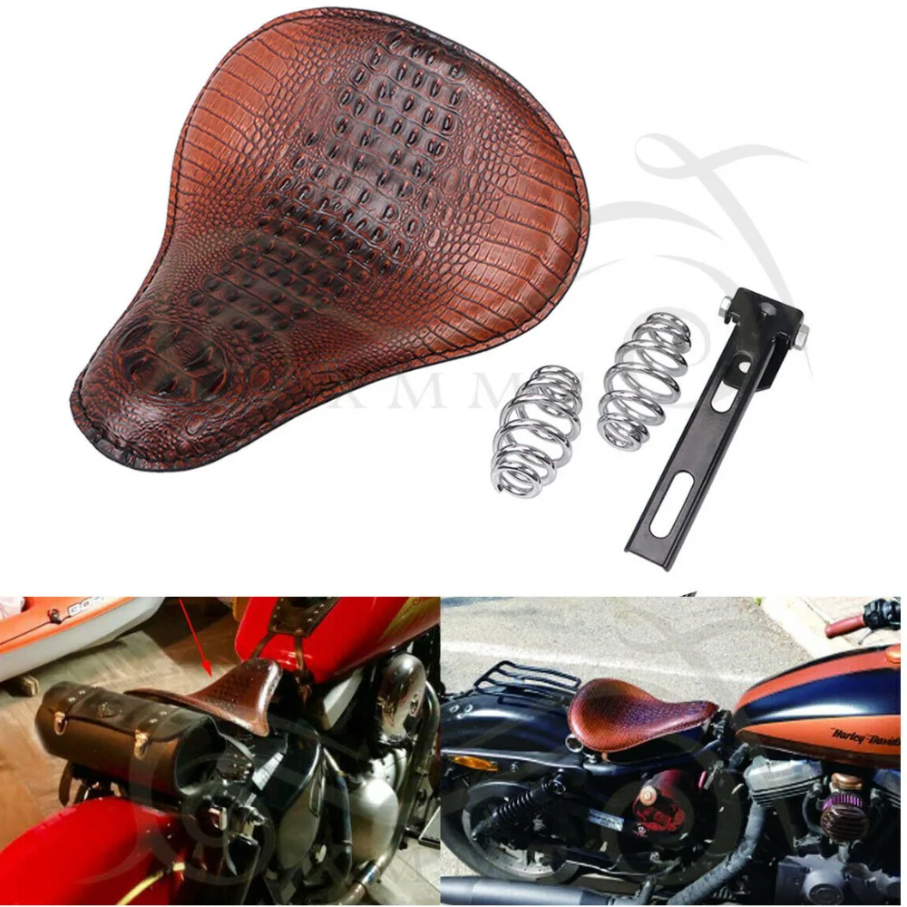 Motorcycle Retro Brown Crocodile Leather Solo Seat+3" Spring Bracket For Harley Chopper Bobber Custom