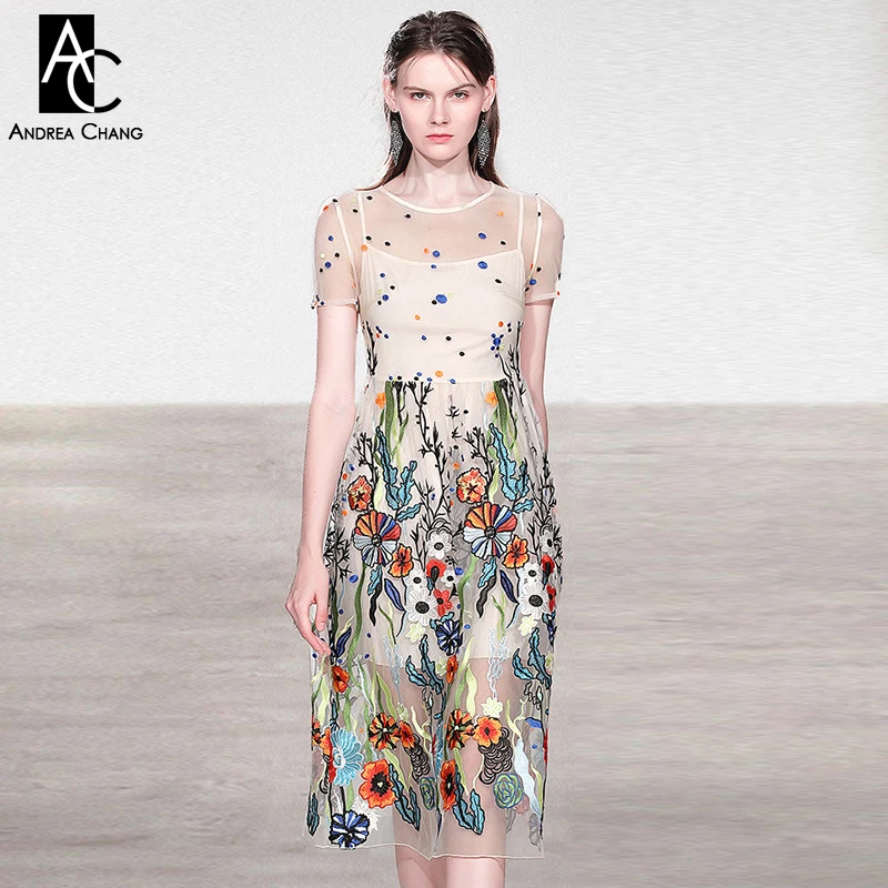 

S-XXL spring summer woman dress blue orange floral pattern embroidery dress ball gown vintage cute calf length sheer tulle dress