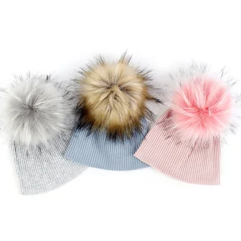 

Autumn Winter Newborn Baby Girls Boys Ribbed Cotton Multi Color 15 Cm Faux Fur Pompom Beanies Baby Hats Soft Knitted Caps