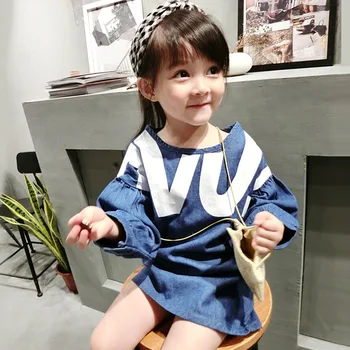

Autumn new children's Korean girls letter print loose long sleeve baby denim dress