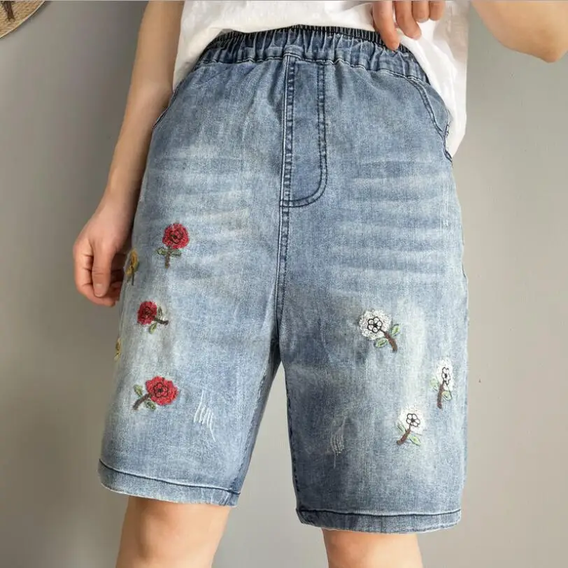 

Vintage Women Summer Elastic Waist Floral Embroidery Denim Shorts Office Lady Casual Loose Jean Short Spodenki Damskie p158