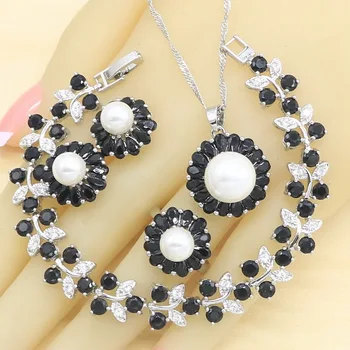 

White Pearl Jewelry Sets for Women Black Zircon Silver Color Stud Earrings Rings Necklace Pendant Bracelet