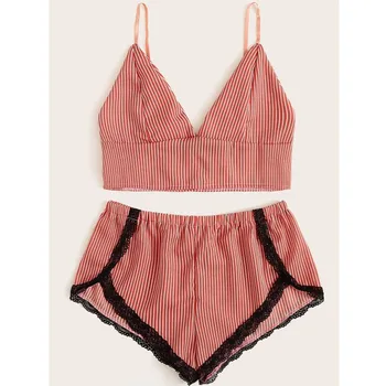 

Women's Sexy 2pcs Lingerie Sleepwear Spaghetti Strap Striped V-Neck Camis Top + Lace Trim Shorts Pajamas Set Female Nightwear