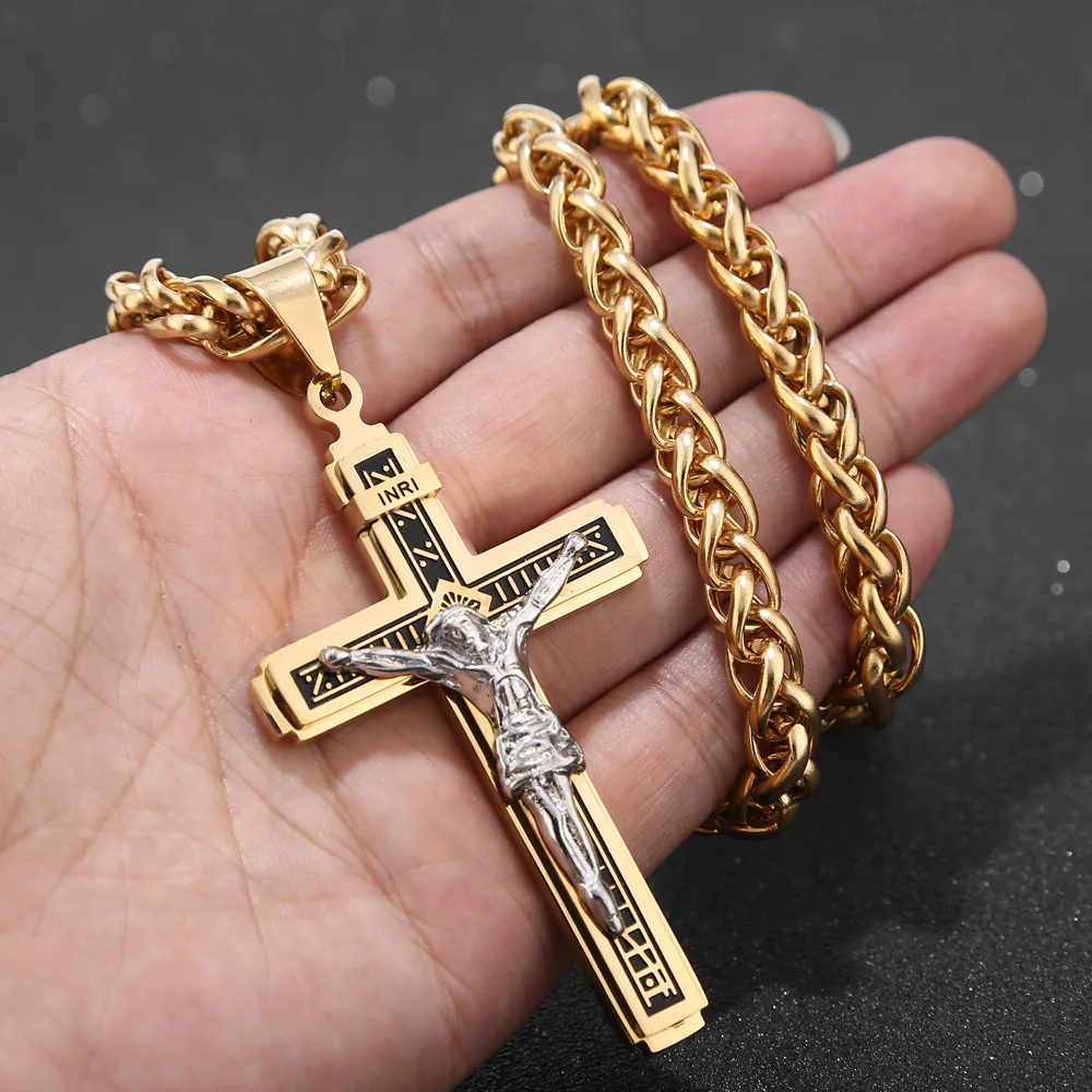 Gold-Tone-Multilayer-Cross-Christ-Jesus-Pendant-Necklace-Stainless-Steel-For-Men-Jewelry-Gift